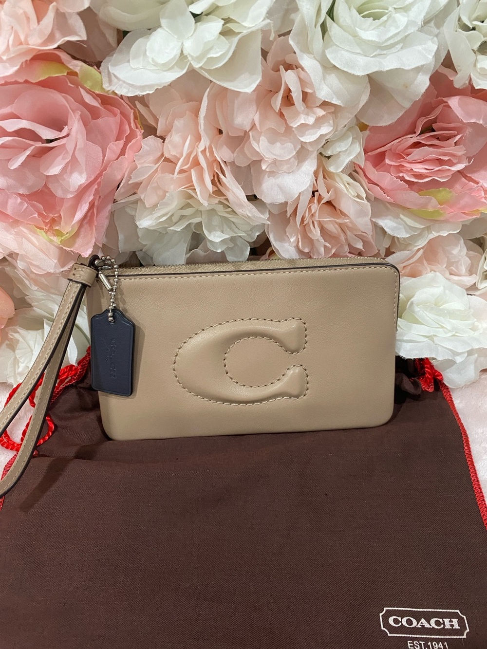 Coach Beige Leather Wristlet Pouch with Signature 'C'